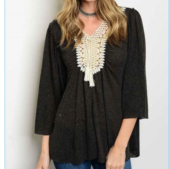 NWT Charcoal Grey Crochet Bust Peasant Top - Picture 2 of 4